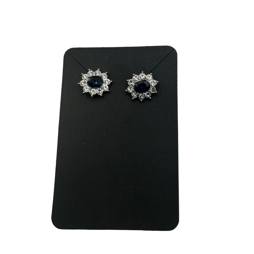 Elegant Silver & Blue Crystal Flower Stud Earrings